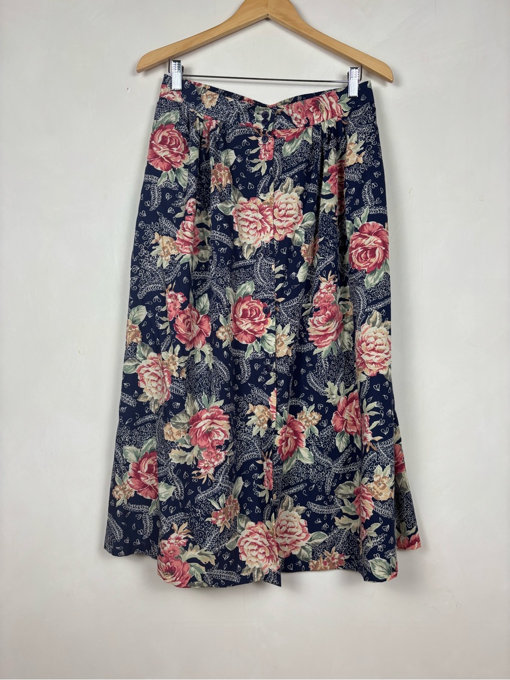 Made in USA Vintage Floral Skirt Button Front Navy Sz 13/14 Cottagecore